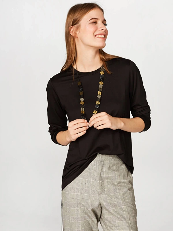 Faik Sönmez Kadın Yuvarlak Yaka Uzun Kol Siyah T-Shirt B00013