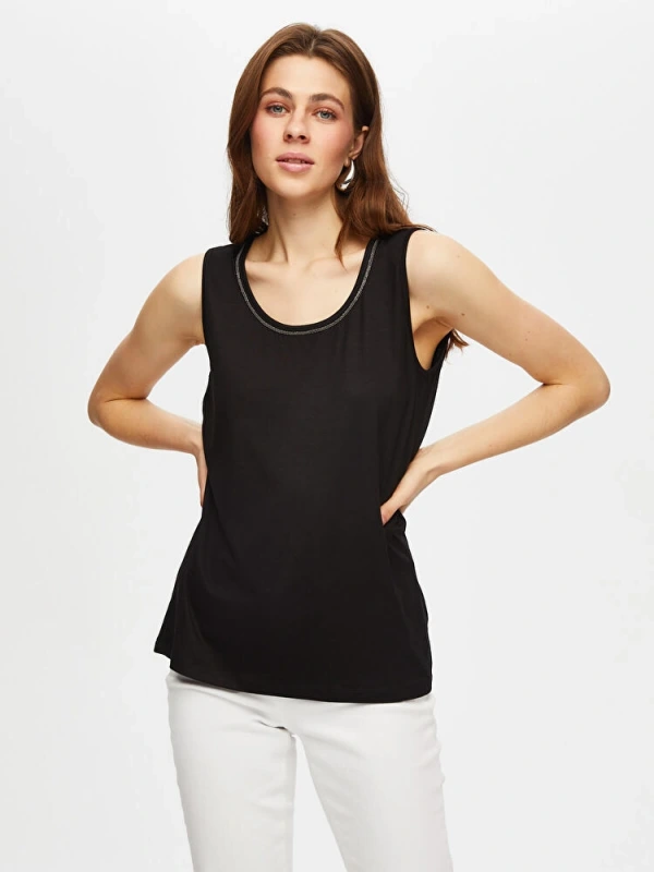 Faik Sönmez Kadın Yakası Zincir Şerit Detaylı Siyah Atlet B00024-3