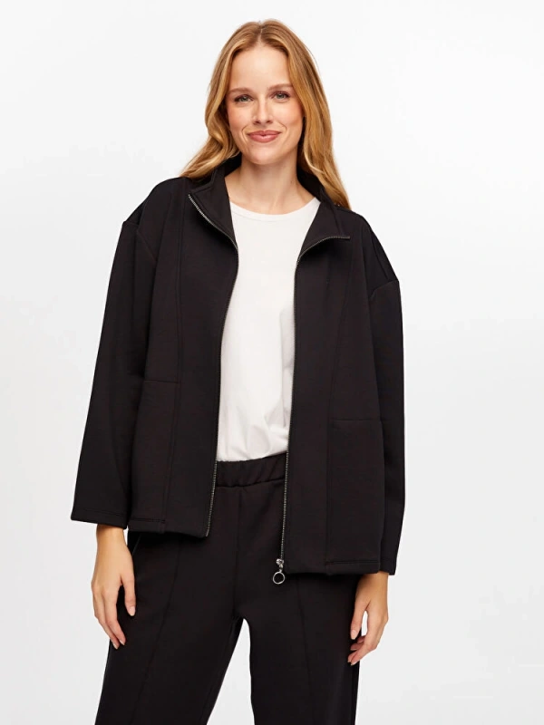 Faik Sönmez Kadın Dik Yaka Modallı Siyah Eşofman Üstü UW26ESU005