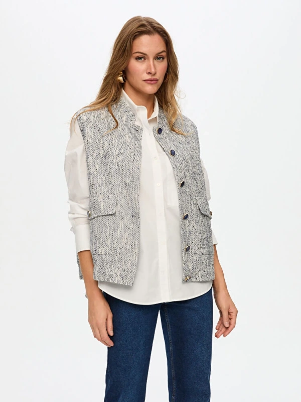 Faik Sönmez Kadın Cep Detaylı İndigo Tüvit Yelek UW26YLK003