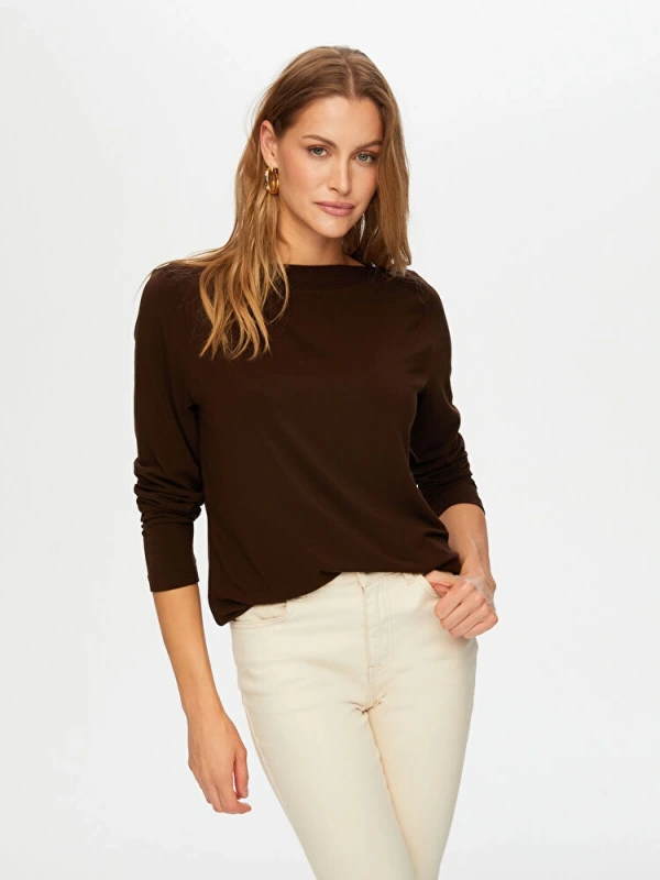 Faik Sönmez Kadın Kayık Yaka Triko Görünümlü Örme Koyu Kahve Bluz UW26BLZ009