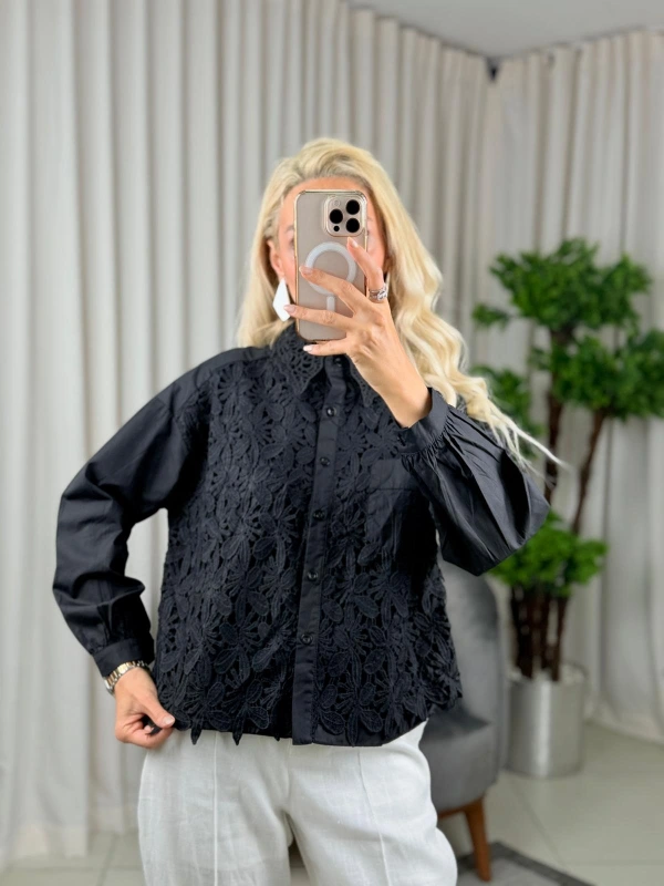 On Fashion Önü Ve Yakası Dantelli Cepli Gömlek 50345