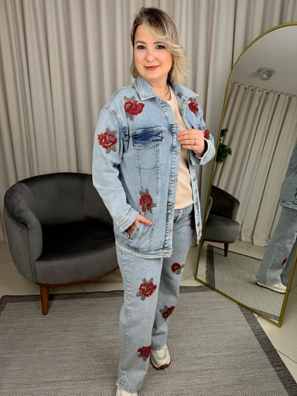 Ghisa Kırmızı Pul İşlemeli Kot Takım 25YGSTKM3058 Mavi