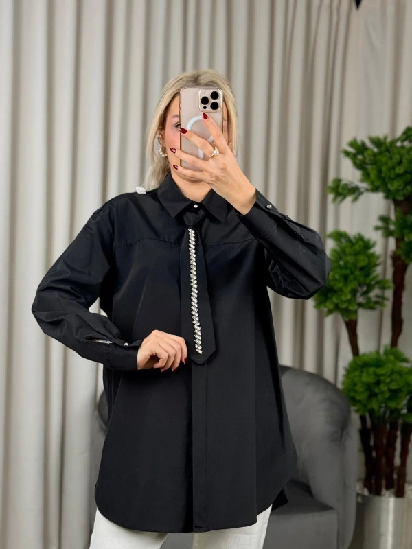 my312 Taş Detaylı Kravatlı Gömlek 25S8608 Siyah