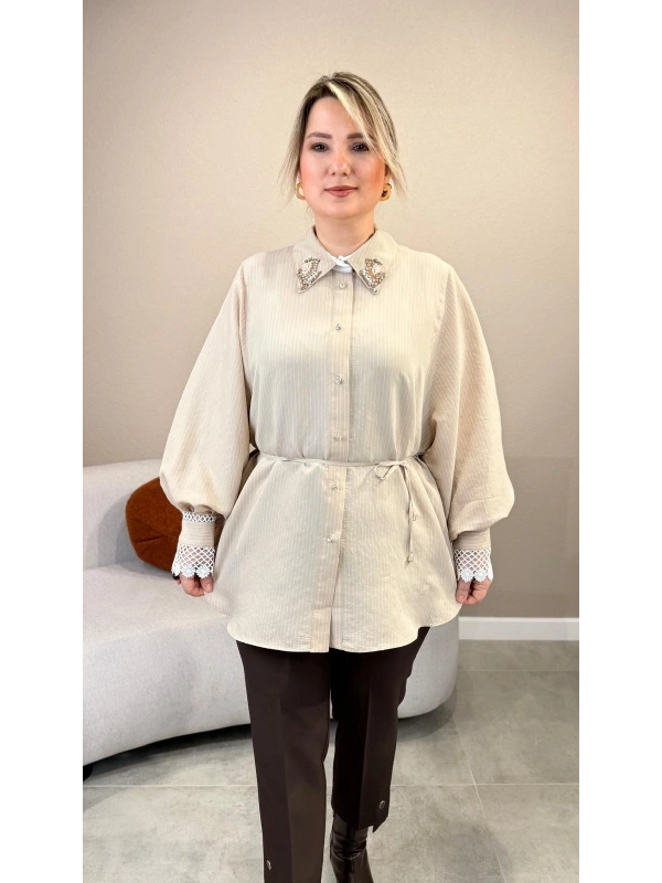 My312 Dantelli Taşlı Çizgili Gömlek 26S8804