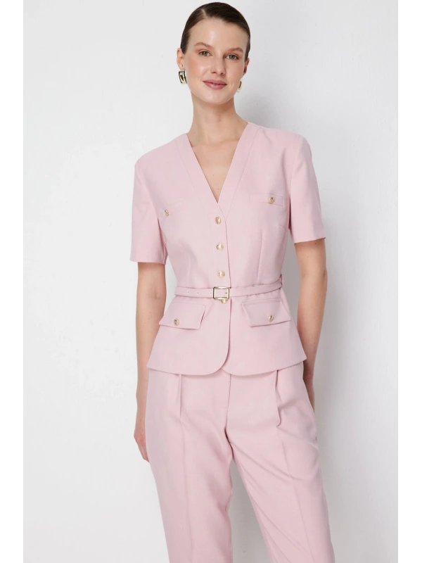 Ekol V Yaka Beli Kemerli Kısa Kol Ceket 01190