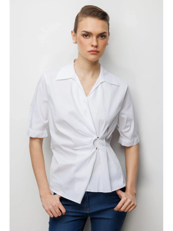 Ekol Beli Büzgülü Kısa Kollu Pamuklu Bluz 02046