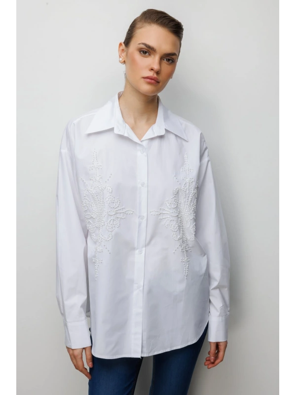 Ekol Boncuk İşlemeli Oversize Pamuk Gömlek 02808