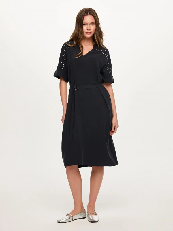 Faik Sönmez Omuzu Trok Taş Detaylı Beli Kemerli Elbise US26ELB039