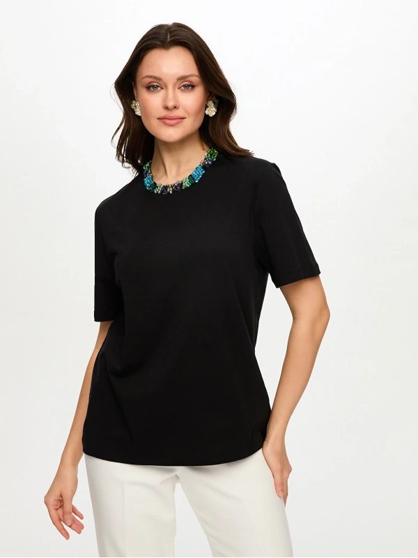 Faik Sönmez Yakası Taş Detaylı Yuvarlak Yaka T-Shirt US26TSH065