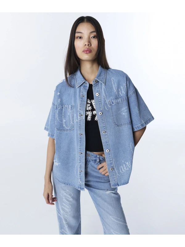 Twist Slogan ve Hotfix Baskılı Jean Gömlek TS1260025145