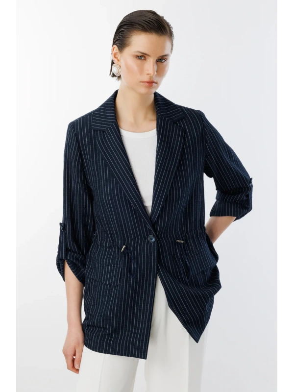 Ekol Kadın Belden Büzgülü Tek Düğmeli Lacivert Ceket 04112