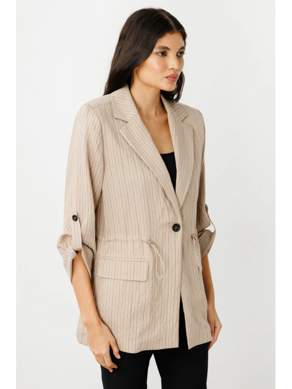 Ekol Kadın Belden Büzgülü Tek Düğmeli Kum Renk Ceket 04112