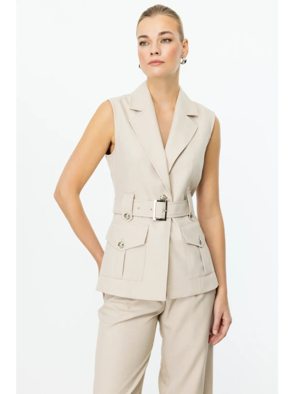 Ekol Beli Kemerli Kolsuz Kadın Taş Renk Yelek 04122
