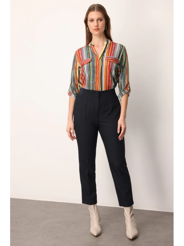 Ekol Beli Lastikli Boru Paça Lacivert Kadın Pantolon 01111