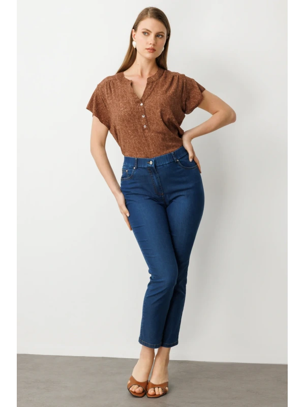 Ekol Beli Lastikli Boru Paça İndigo Mavisi Kadın Pantolon 02120