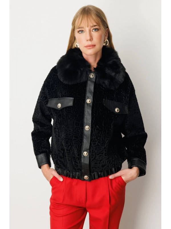 Ekol Beli Lastikli Boynu Kürklü Siyah Kadın Manto 06611