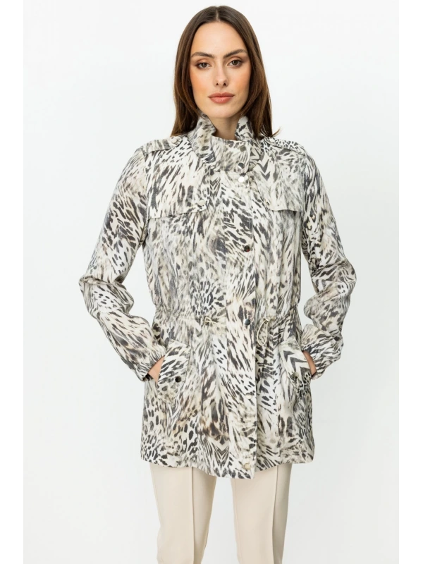 Ekol Beli Lastikli Desenli Kadın Kum Rengi Trençkot 07042