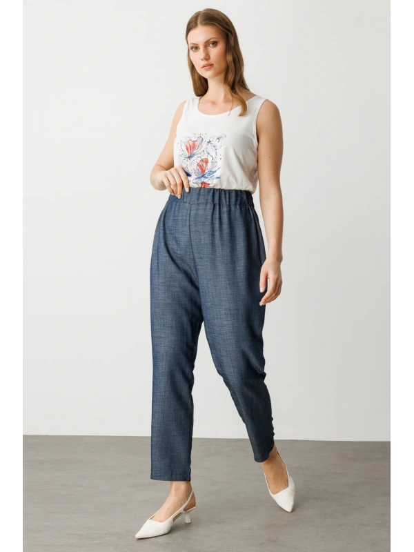 Ekol Beli Lastikli İndigo Renk Kadın Pantolon 07564