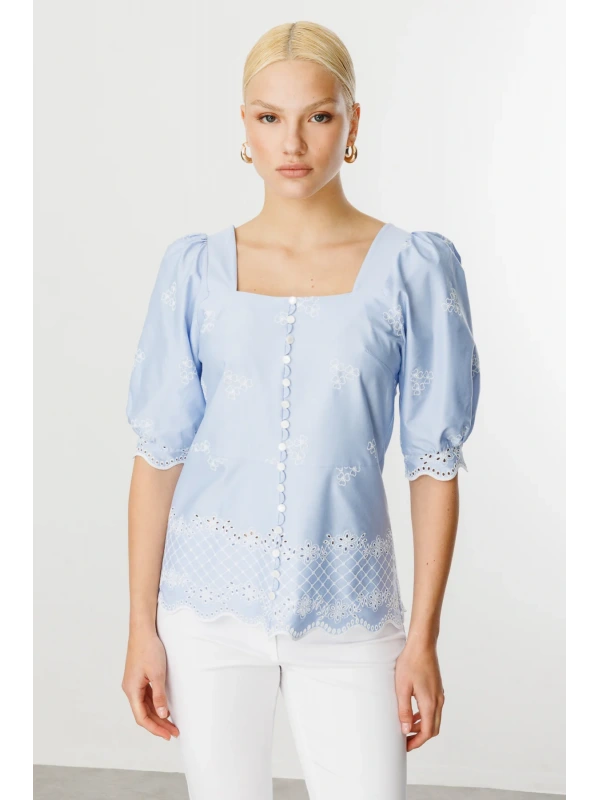 Ekol Çiçek İşlemeli Balon Kol Bluz 03030