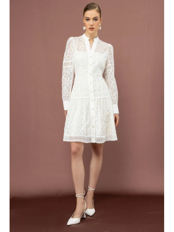 Ekol Çiçek Nakışlı Düğmeli Elbise 05008