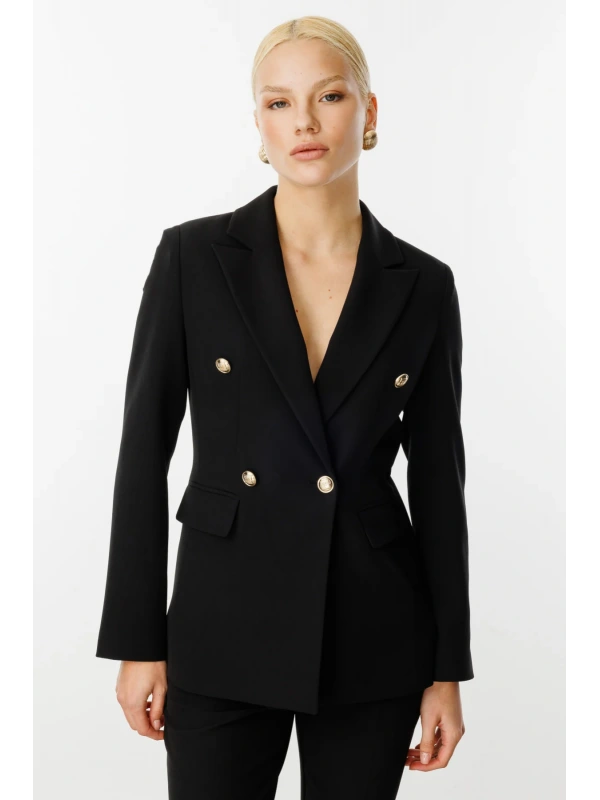 Ekol Kruvaze Yaka Kapak Cepli Kadın Siyah Ceket 04006