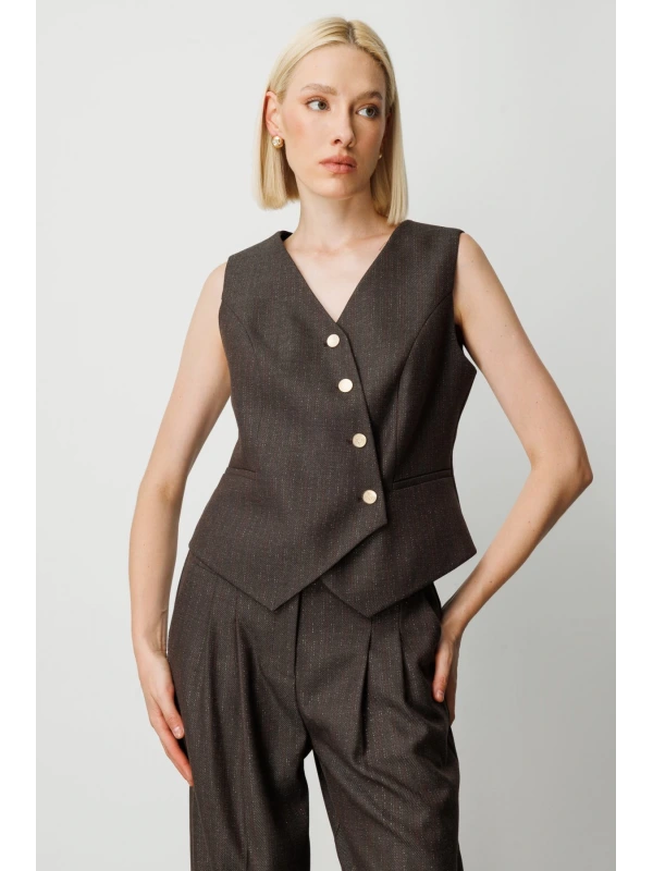 Ekol Çizgi Desenli V Yaka Kadın Kahverengi Yelek 05109