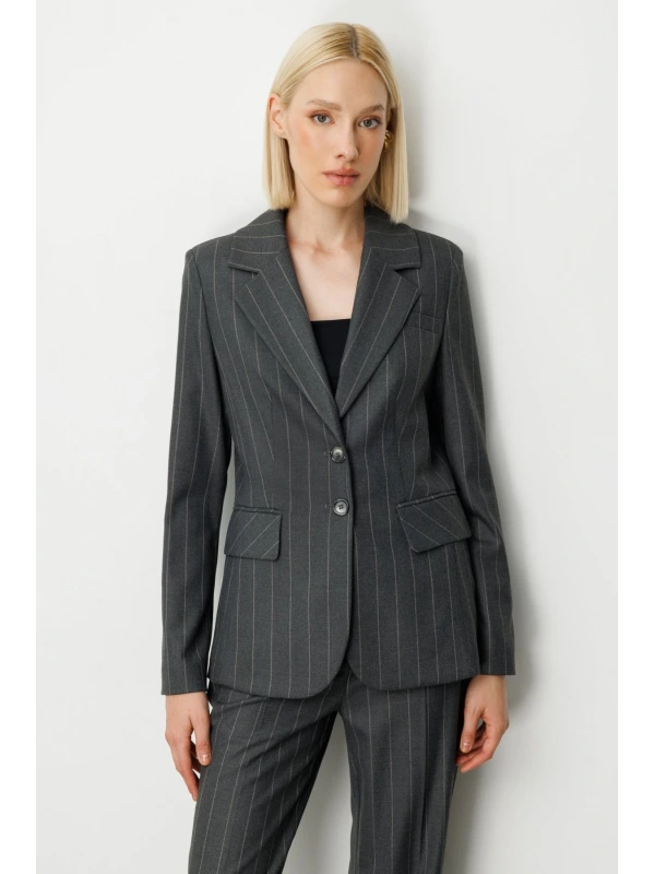 Ekol Çizgili Kapak Cepli Kadın Antrasit Ceket 05127