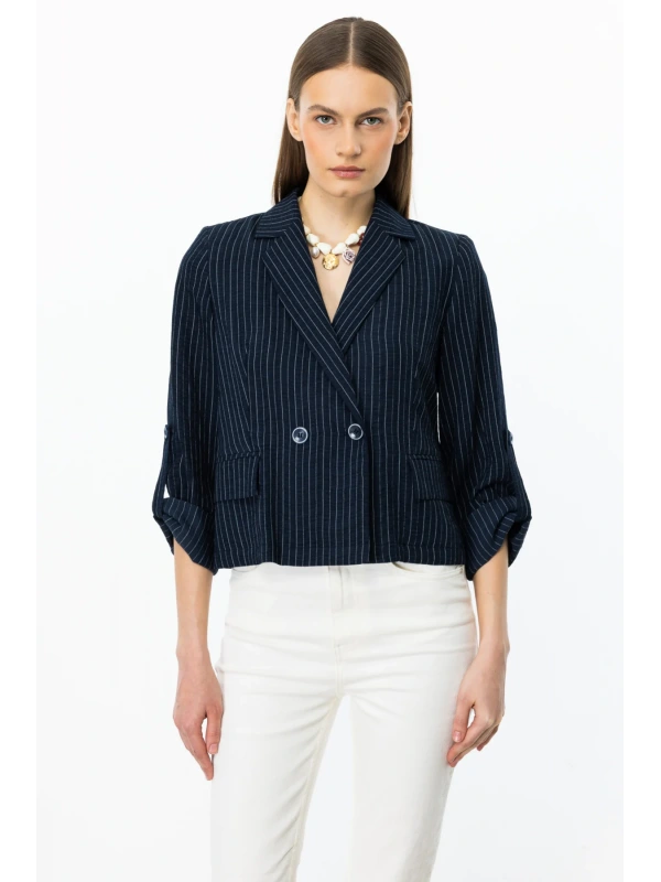 Ekol Çizgili Kadın Lacivert Mini Ceket 04108