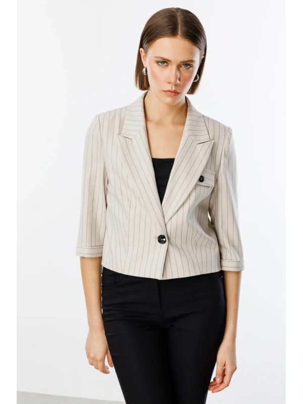 Ekol Kadın Çizgili Yarım Kol Bej Ceket 04048