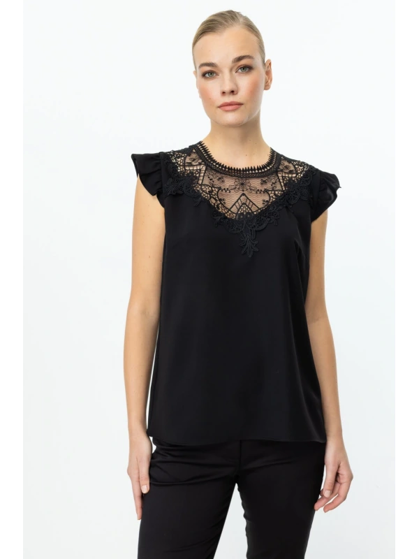 Ekol Dantelli Yakası Tül Siyah Kadın Bluz 03052
