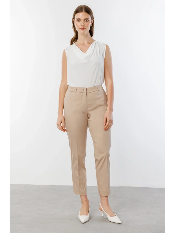 Ekol Büyük Beden Dar Paça Kumaş Kum Renk Kadın Pantolon 02028