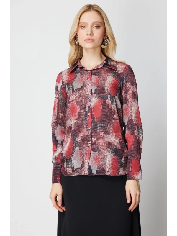 Ekol Desenli Bordo Kadın Bluz 03051