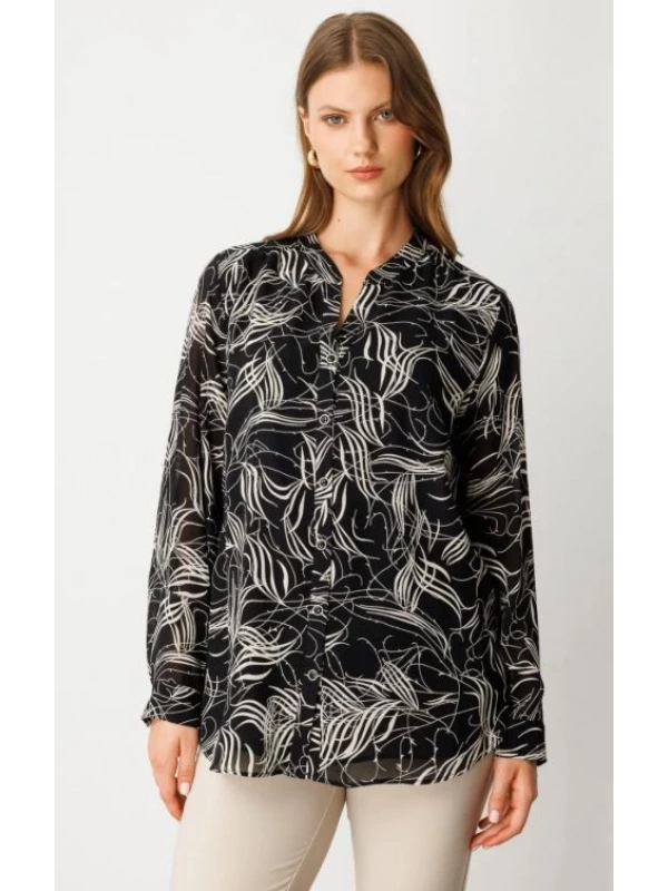 Ekol Büyük Beden Siyah Desenli Kadın Bluz 03534