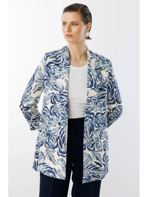 Ekol Kadın Desenli İndigo Renk Ceket 04166