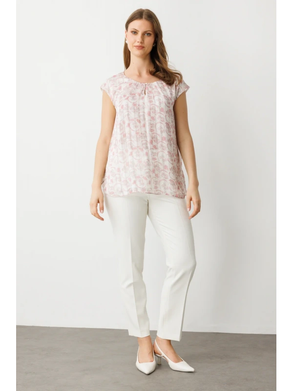 Ekol Desenli Pembe Kadın Şifon Bluz 03624