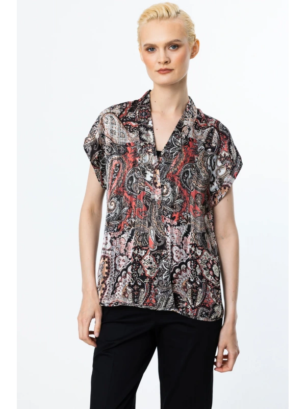 Ekol Desenli V Yaka Siyah Kadın Bluz 03140