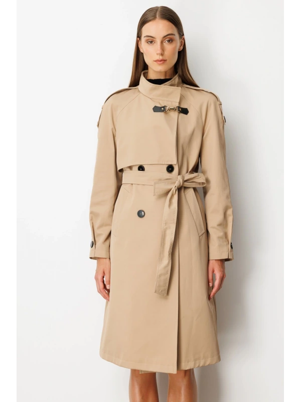 Ekol Dik Yaka Beli Kuşaklı Camel Rengi Trençkot 07003