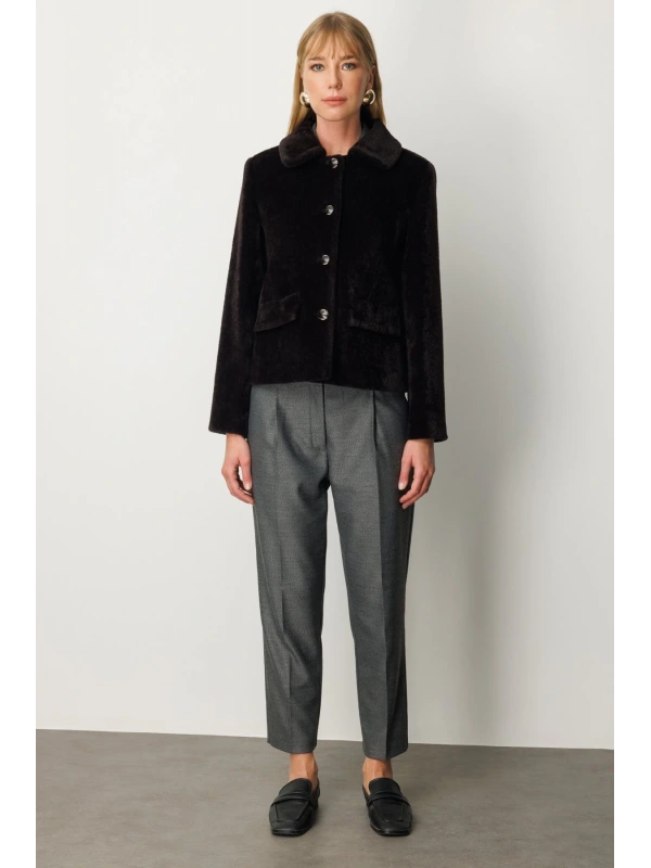 Ekol Düğmeli Peluş Kadın Kahverengi Manto 06025