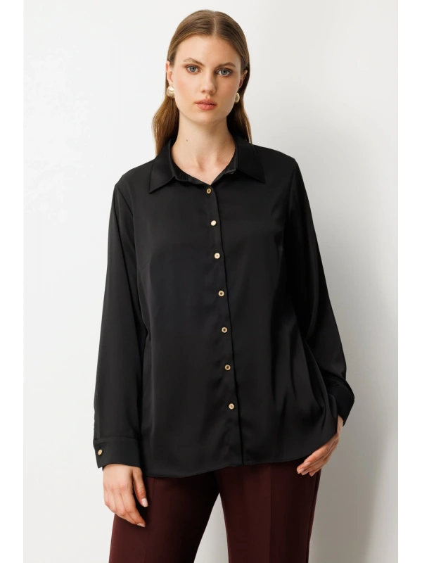 Ekol Büyük Beden Düğmeli Siyah Kadın Saten Gömlek 03505