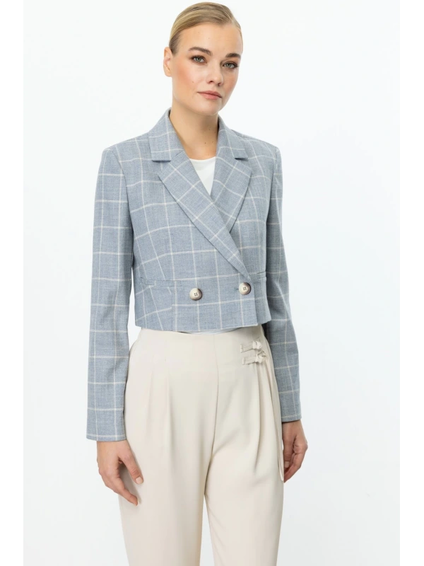 Ekol Kadın Ekoseli İndigo Crop Ceket 04030