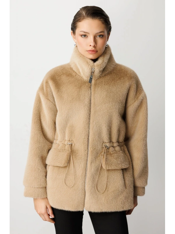 Ekol Fermuarlı Peluş Kadın Vizon Manto 06103