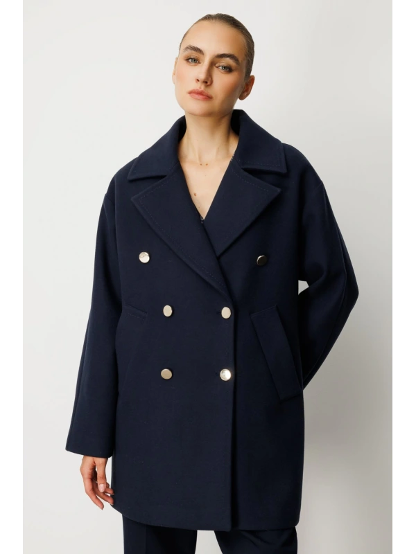 Ekol Gold Düğmeli Lacivert Kadın Manto 06093