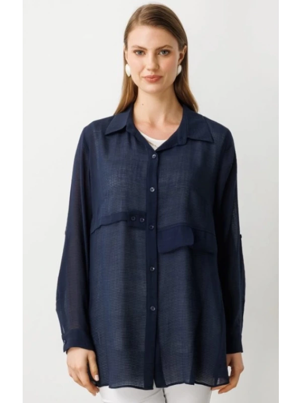 Ekol İçlik Aksesuarlı Lacivert Kadın Bluz 03650