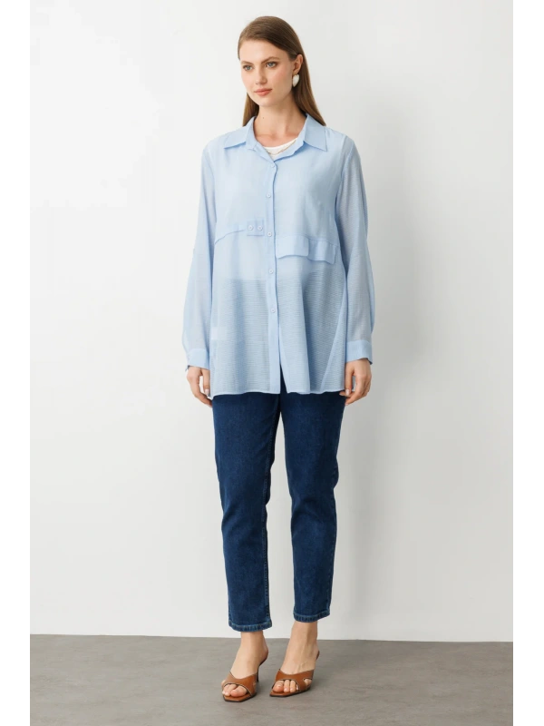 Ekol İçlik Aksesuarlı Mavi Kadın Bluz 03650
