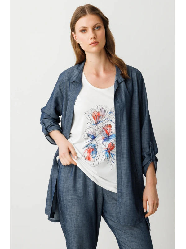 Ekol Büyük Beden İndigo Mavisi Kadın Bluzlu Takım Trençkot 07562