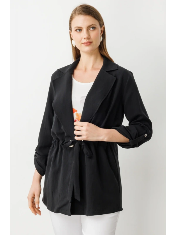 Ekol Büyük Beden Beli Bağlamalı İç Atletli Siyah Kadın Bluz 07566