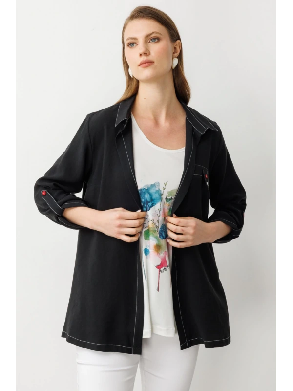 Ekol İçlikli Siyah Kadın Keten Kap 07578