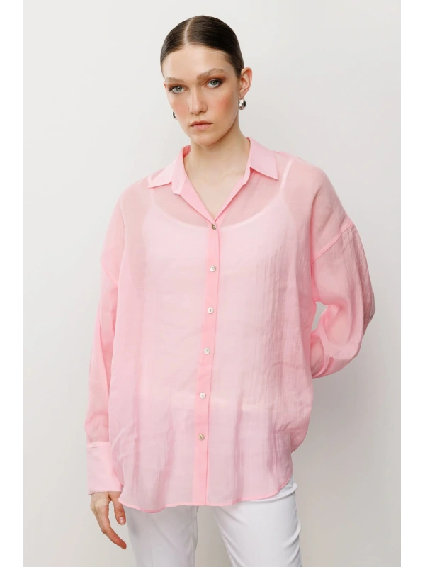 Ekol Kadın Astarsız Düğmeli Pembe Gömlek 03020