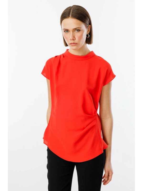 Ekol Kadın Belden Degajeli Mercan Renk Bluz 03038